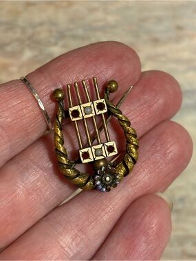 Antique Gold Filled or Gold Shell Lyre With Tiny Seed Pearls? -Garnet? Pin